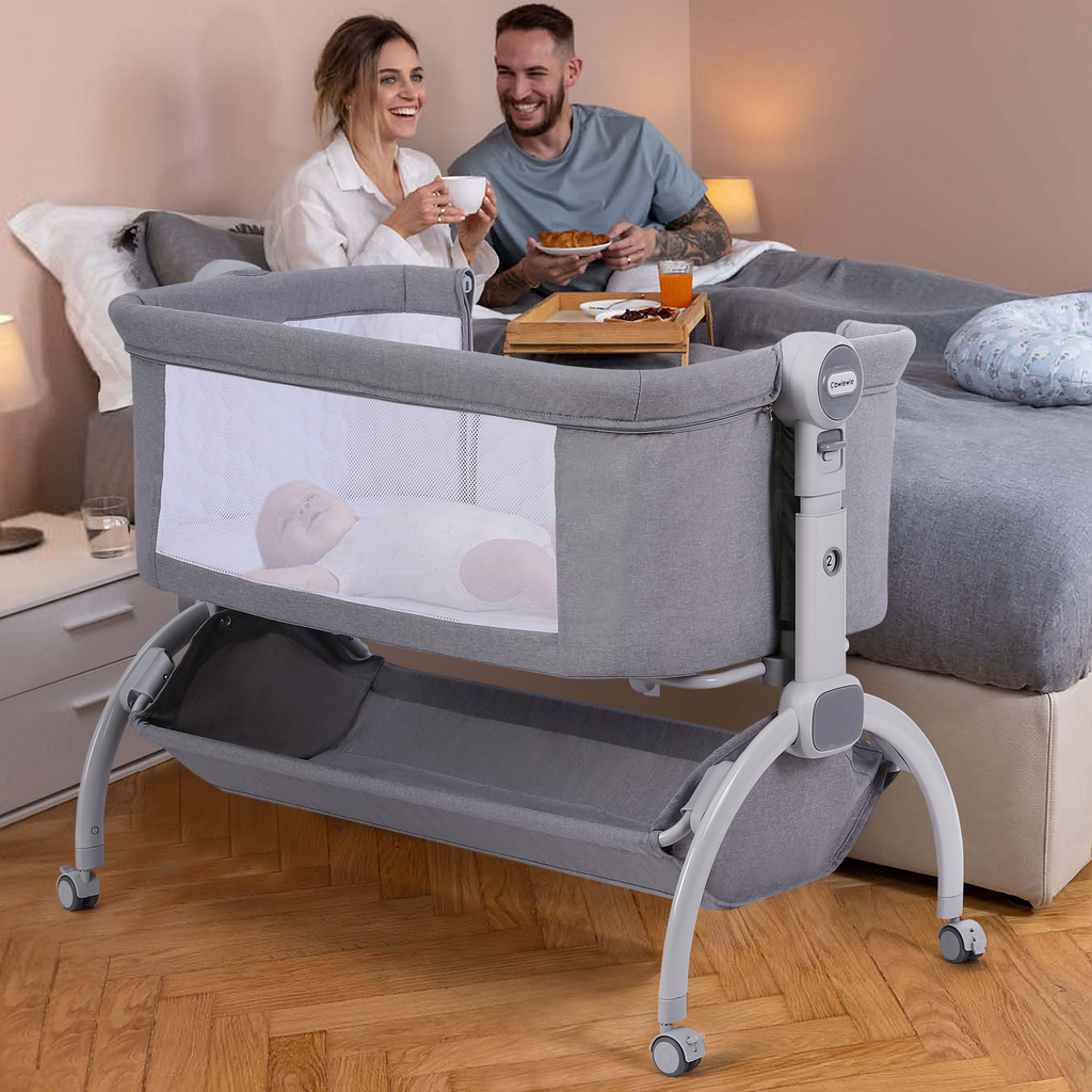 Cowiewie Baby Bassinets with Universal Wheels with Brakes Co Sleeper Bassinet with Storage, Double-Lock Patent Design; 7-Level Height Adjustable, Include Rebound Mattress