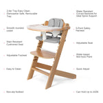 Cowiewie 3-in-1 Convertible Natural Wooden High Chair for Babies & Toddlers 3-Tier Remove & 2 Adjustable Wood Tray & 8 Levels Adjustable, 2 Waterproof Cozy Cushions Grey