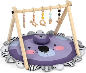 Cowiewie Wooden Baby Play Gym Play Gym with Mat Develop Athletic Ability for Baby to Toddler with 6 Toys，Koala Tree