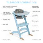 Cowiewie New Upgrade 3-in-1 Convertible Wooden High Chair for Babies & Toddlers 10 Levels Adjustable 3-Tier Remove 2 Waterproof Cozy Cushions Blue