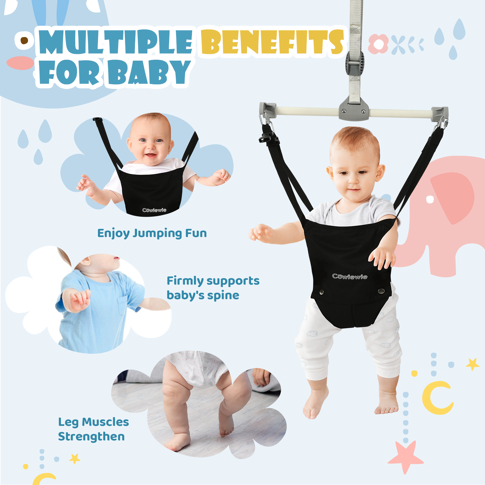 Cowiewie 2 in 1 Baby Door Jumper w Baby Walking Harness Function Baby