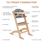 Cowiewie New Upgrade 3-in-1 Convertible Wooden High Chair for Babies & Toddlers 10 Levels Adjustable 3-Tier Remove & 2 Adjustable Wood Tray, 2 Waterproof Cozy Cushions Grey