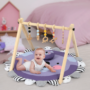 Cowiewie Wooden Baby Play Gym Play Gym with Mat Develop Athletic Ability for Baby to Toddler with 6 Toys，Koala Tree