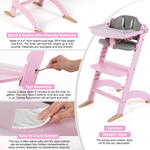Cowiewie New Upgrade 3-in-1 Convertible Wooden High Chair for Babies & Toddlers 10 Levels Adjustable 3-Tier Remove 2 Waterproof Cozy Cushions Pink