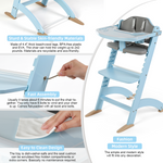 Cowiewie New Upgrade 3-in-1 Convertible Wooden High Chair for Babies & Toddlers 10 Levels Adjustable 3-Tier Remove 2 Waterproof Cozy Cushions Blue
