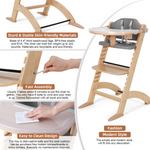 Cowiewie New Upgrade 3-in-1 Convertible Wooden High Chair for Babies & Toddlers 10 Levels Adjustable 3-Tier Remove & 2 Adjustable Wood Tray, 2 Waterproof Cozy Cushions Grey