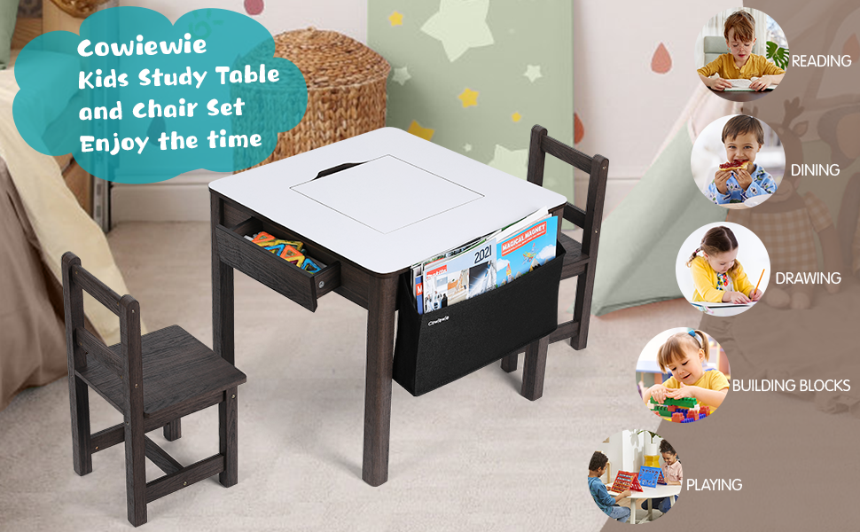 Cowiewie 3PCS Toddler Table & Kids Activity Desk with 2 Chair Set(Storage 2 Drawers for Child Arts & Crafts,SnackTime,Homeschooling,HomeworkBuilding Blocks Mat as Gift Included)