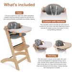 Cowiewie New Upgrade 3-in-1 Convertible Wooden High Chair for Babies & Toddlers 10 Levels Adjustable 3-Tier Remove & 2 Adjustable Wood Tray, 2 Waterproof Cozy Cushions Grey