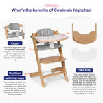 Cowiewie 3-in-1 Convertible Natural Wooden High Chair for Babies & Toddlers 3-Tier Remove & 2 Adjustable Wood Tray & 8 Levels Adjustable, 2 Waterproof Cozy Cushions Grey