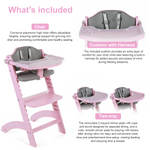 Cowiewie New Upgrade 3-in-1 Convertible Wooden High Chair for Babies & Toddlers 10 Levels Adjustable 3-Tier Remove 2 Waterproof Cozy Cushions Pink