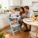 Cowiewie New Upgrade 3-in-1 Convertible Wooden High Chair for Babies & Toddlers 10 Levels Adjustable 3-Tier Remove 2 Waterproof Cozy Cushions Blue
