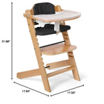 Cowiewie COWH-02 Natural Wooden High Chair, 3-Tier Removable & Adjustable Wood Tray, 8 Levels Height Adjustable Baby Grow Chair with Cozy Cushions