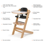 Cowiewie COWH-02 Natural Wooden High Chair, 3-Tier Removable & Adjustable Wood Tray, 8 Levels Height Adjustable Baby Grow Chair with Cozy Cushions