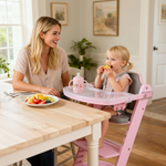 Cowiewie New Upgrade 3-in-1 Convertible Wooden High Chair for Babies & Toddlers 10 Levels Adjustable 3-Tier Remove 2 Waterproof Cozy Cushions Pink