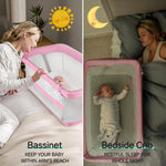 Cowiewie ZK019 Bedside Sleeper Bassinet, Adjustable Portable Baby Crib with Breathable Mesh, Comfortable Mattress and Travel Bag for Newborn Infants Pink