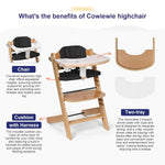 Cowiewie COWH-02 Natural Wooden High Chair, 3-Tier Removable & Adjustable Wood Tray, 8 Levels Height Adjustable Baby Grow Chair with Cozy Cushions