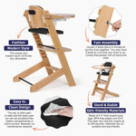 Cowiewie COWH-02 Natural Wooden High Chair, 3-Tier Removable & Adjustable Wood Tray, 8 Levels Height Adjustable Baby Grow Chair with Cozy Cushions