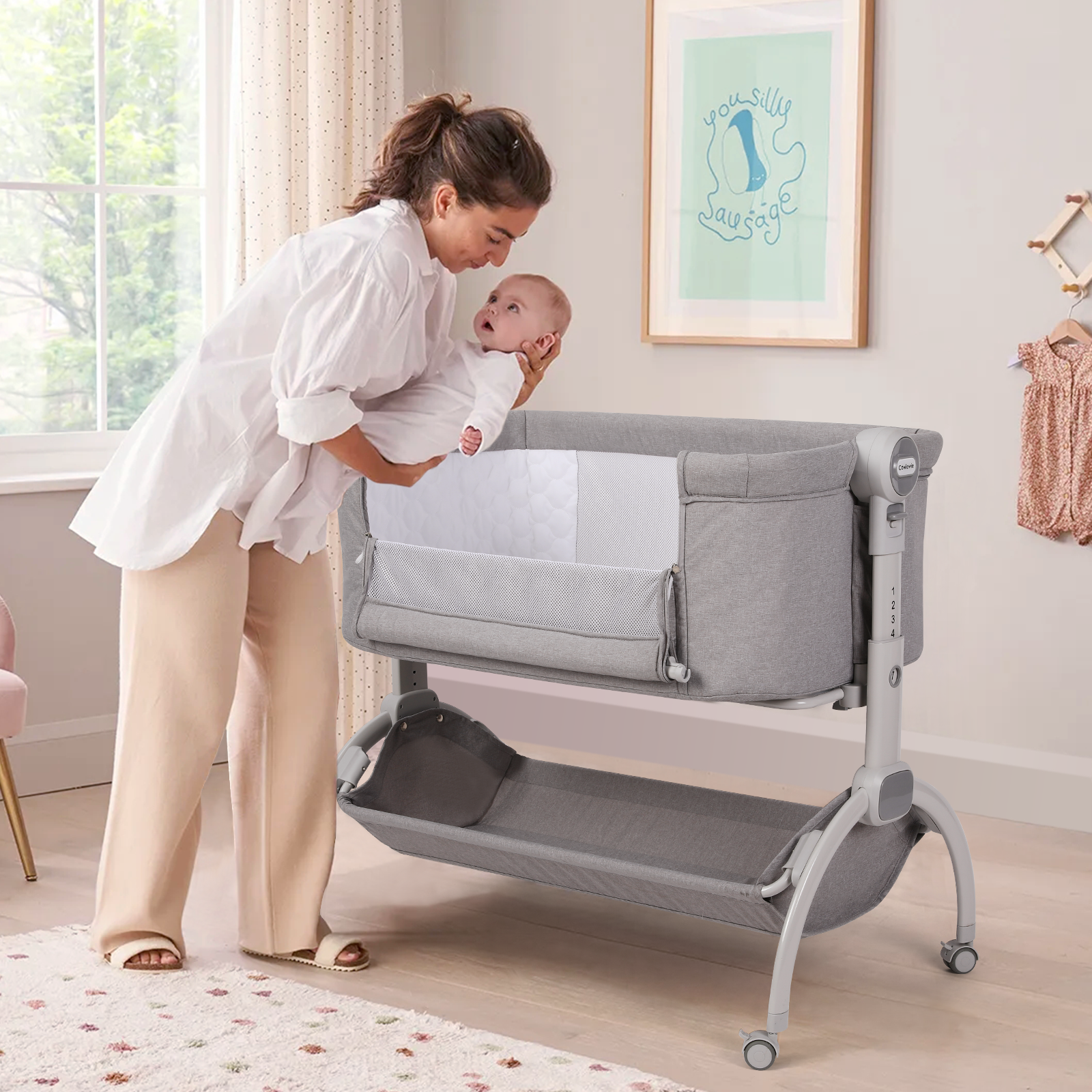 Cowiewie Baby Bassinets with Universal Wheels with Brakes Co Sleeper Bassinet with Storage, Double-Lock Patent Design; 7-Level Height Adjustable, Include Rebound Mattress